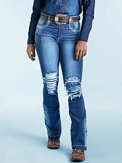 Washed Blue Women'S Mid-Rise Slim Stretch Ripped Jeans