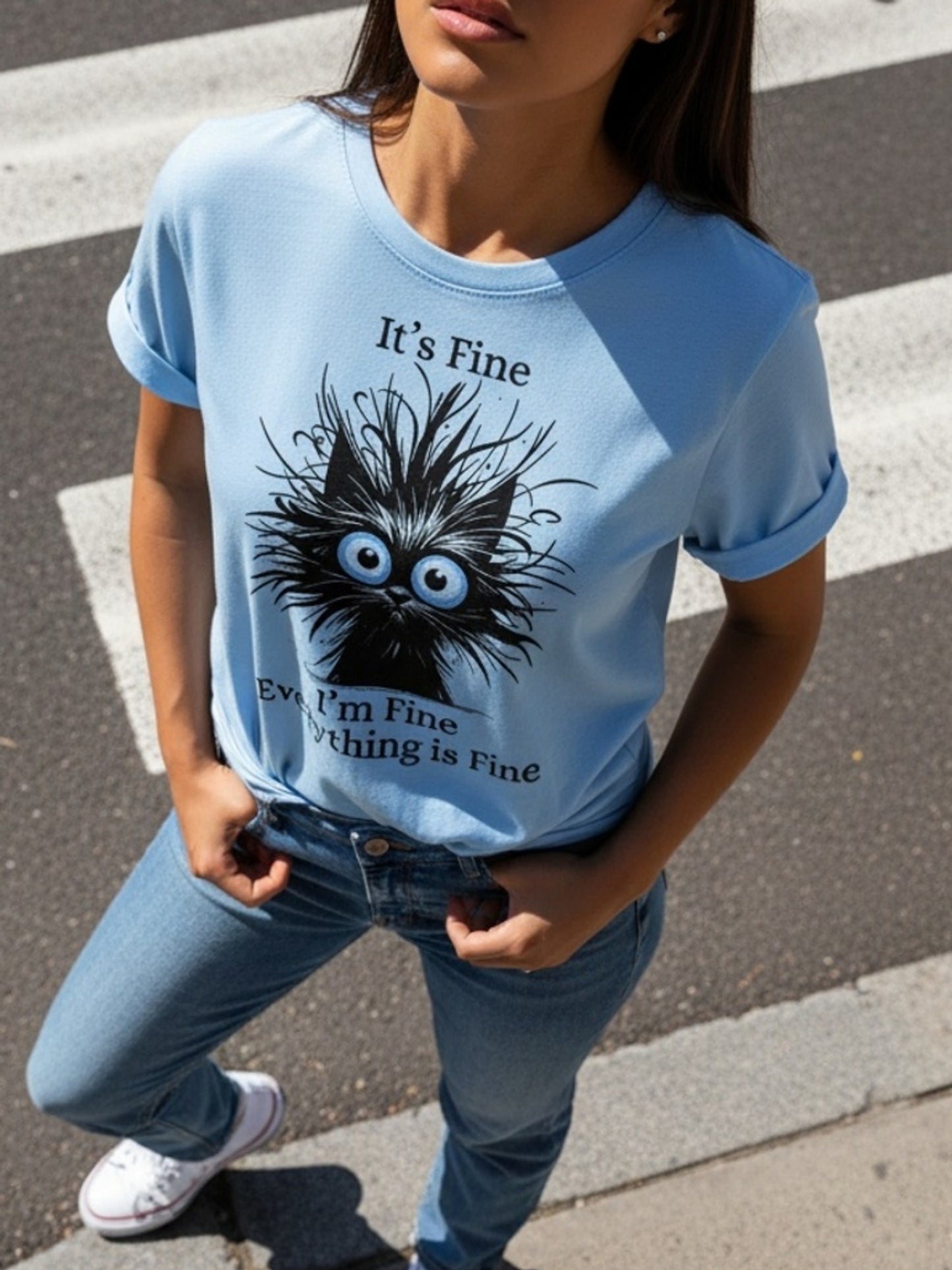 Whimsical "It's Okay, I'm Fine, Everything's Fine" Women's Cat Print T-shirt - Light Blue, Casual Version, Round Neck, Short Sleeve, Polyester, Machine Washable