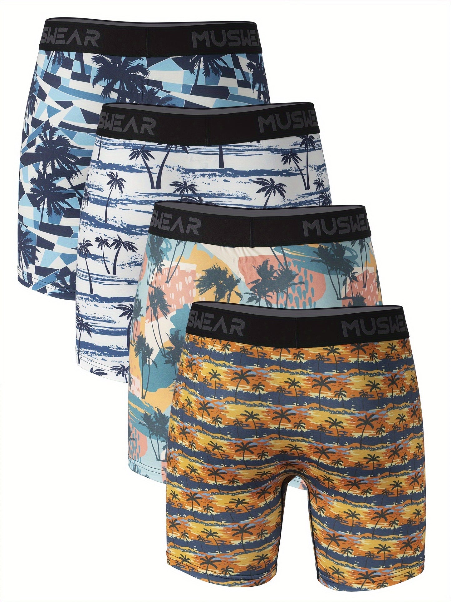 Stylish High Quality Series - 4pcs Men's Coconut Tree Print Stretchy Long Boxer Briefs - Comfy & Quick- Drying & Breathable Underwear Set