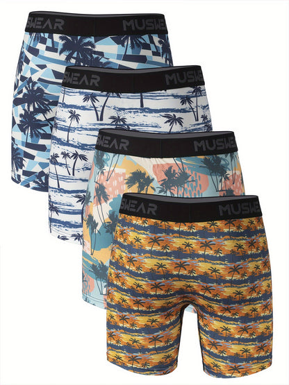 Stylish High Quality Series - 4pcs Men's Coconut Tree Print Stretchy Long Boxer Briefs - Comfy & Quick- Drying & Breathable Underwear Set
