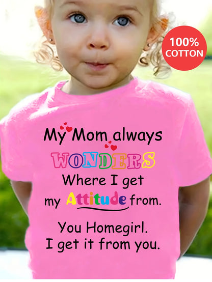 ' 100% Cotton "My Mom Always Wonders..." Letter Print T-Shirt - Cute Short Sleeve Round Neck Top with Asymmetrical Hem, White Casual Casual Attire & Play Outfits, Easy-Care Clothes (1-10 Years)