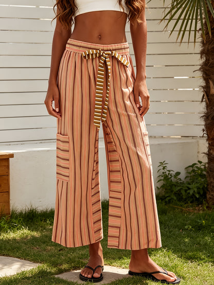 Women's Wide Leg Pants with Elastic Waist & Striped Drawstring - Striped Horizontal Stripes Trousers Suitable for Spring/Summer, Casual Lounge Pants with Side Pockets, Machine Washable Wide-Leg Trousers for Warm Weather