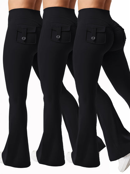 Women's Autumn 3pcs Set, New Style Casual Flared Yoga Pants, Training Flared Trousers, High-Waist Workwear with Belt and Pockets, Sportswear, Halloween Costume, Christmas Apparel