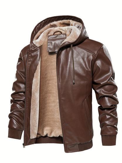 Men's Solid Color PU Faux-Leather Hooded Jackets, Trendy Thick Jacket for Spring Autumn