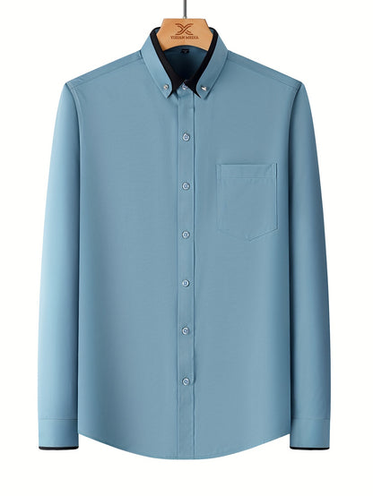 Color Block Fold-Up Collar Crystal Buckle Formal Shirt Men'S Long Sleeve Contrast Color Stretch Iron-Free Business Casual Top with Loan Fashion Cardigan Shirt