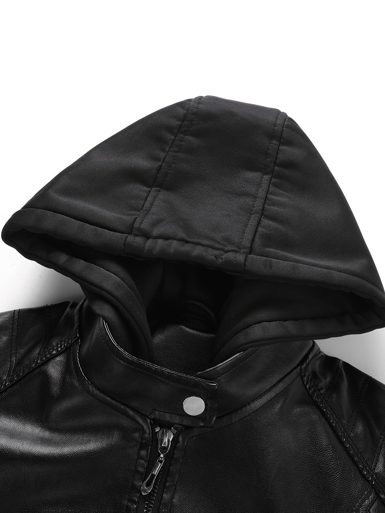 Women's Black Hooded PU Leather Jacket, Slim Fit Motorcycle Style Coat for Fall & Winter, Casual Windproof Outerwear with Removable Hood