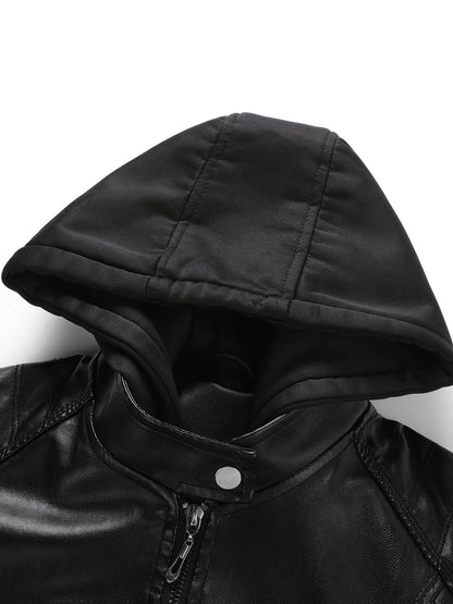 Women's Black Hooded PU Leather Jacket, Slim Fit Motorcycle Style Coat for Fall & Winter, Casual Windproof Outerwear with Removable Hood
