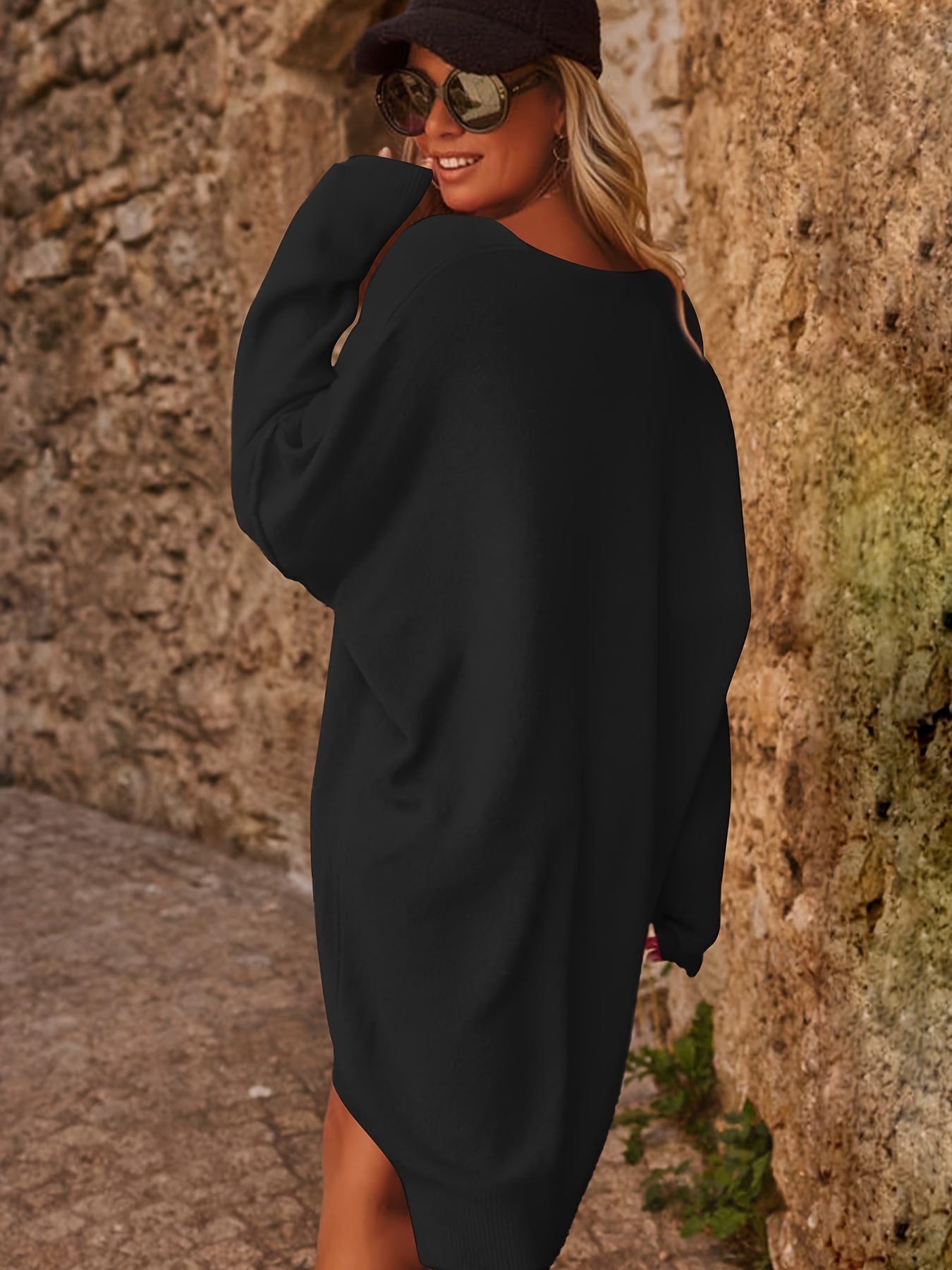 Plus Size - Plus Size - Casual V-Neck Dress, Women'S Plus Size Casual V-Neck Sweater Dress, Long Sleeve Loose Shoulder, Solid Color, Autumn And Winter