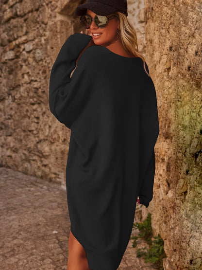 Plus Size - Plus Size - Casual V-Neck Dress, Women'S Plus Size Casual V-Neck Sweater Dress, Long Sleeve Loose Shoulder, Solid Color, Autumn And Winter