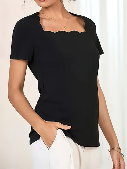 Stylish Black Tee - Sophisticated Women'S Short Sleeve Square Neck - Easy to Wash, Perfect for Summer Style And Daily Grace