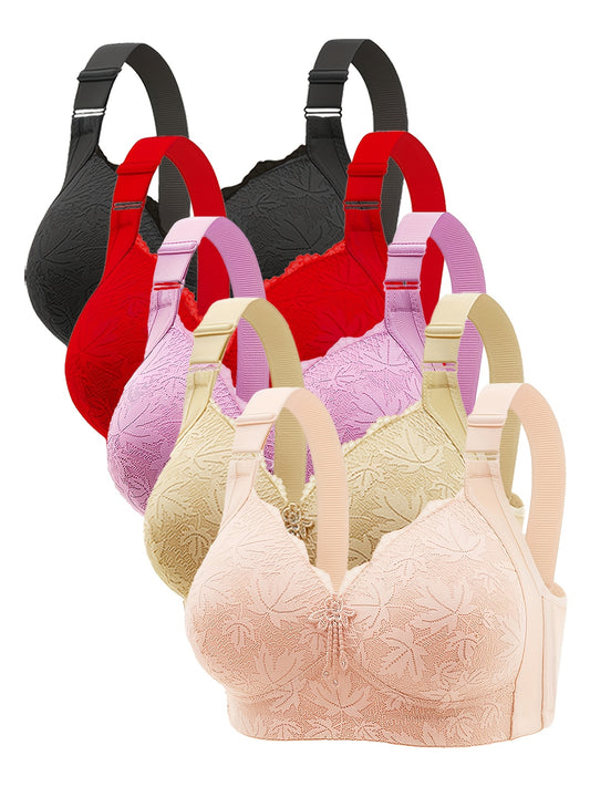 5pcs Pink Lace Full-Cup Wire-Free Bras - Medium Support, Comfortable Wide Straps, Leaf Pattern Embroidery & Elegant Rhinestone Accents, Adjustable Straps