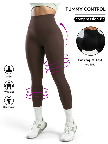 Women's High Waist Peach Lift Yoga Pants- Tummy Control, Breathable, Four-Way Stretch, All-Season Fitness Leggings, Brown, Fitness Clothing| Solid Color Design| High Elastic Fabric