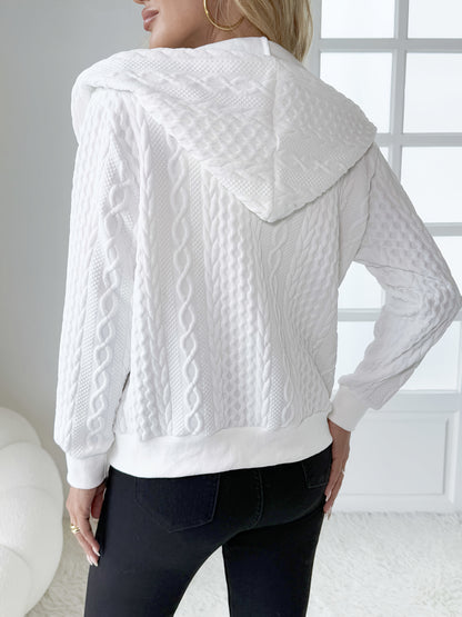 Women'S Casual Solid Zip-Up Hoodie - Fashionable Fall/Winter Long-Sleeve Outerwear, White Bomber Design, Textured Details, Casual Hoodie | Fashionable Zip-Up | Textured Detail Jacket