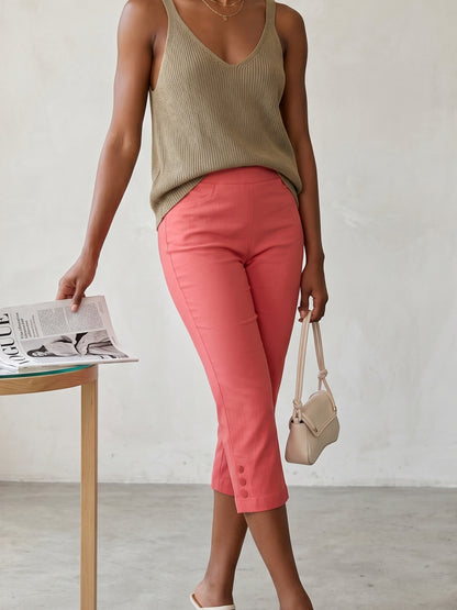Women'S High-waisted Slim-fitting Capri Pants, Suitable For, Work And Daily Wear, With Pockets