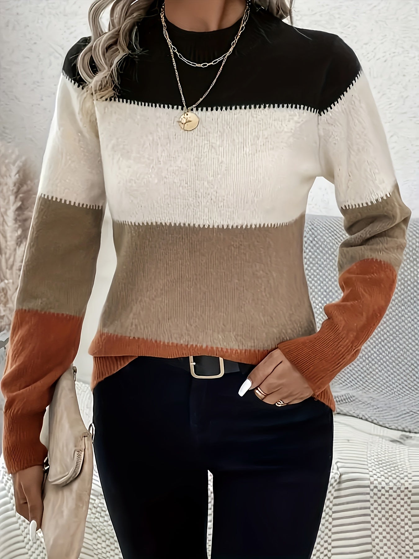 Women's Fall And Winter Color Blocking Round Neck Sweater Pullover Long-sleeved Sweater Casual Versatile Tops