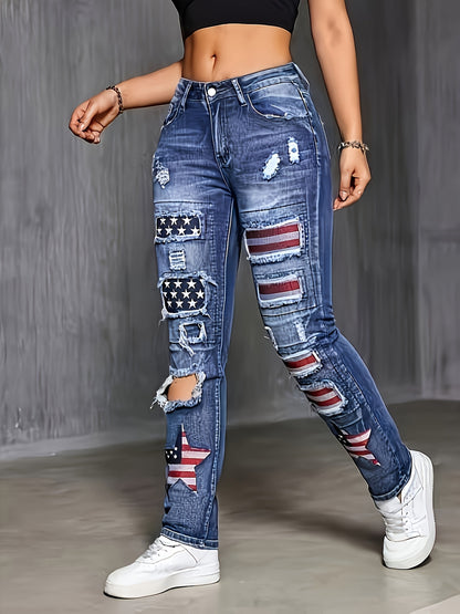 Women's Jeans with Star Embroidery, Ripped Holes, Personality, Versatile for All Seasons, Elastic Street Style Denim Straight Leg Pants