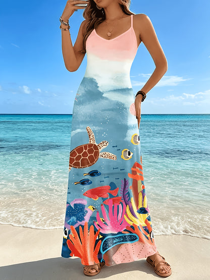 Ladies' Fashionable Fish Tail Print Pattern V-neck Camisole Jumpsuit Long Dress for Spring And Summer Vacation, Casual Dating