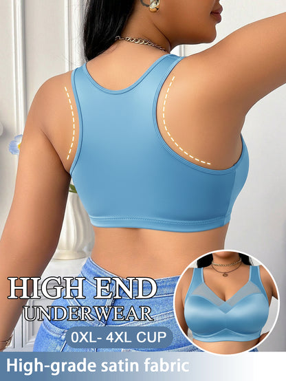 Wire-Free Plus Size Bra for Women - Mesh Design, Glossy Satin Seamless Underwear, Comfortable Breathable Soft Support, Non-adjustable Straps with Non-removable Padding, Nylon Spandex Blend Smooth Plus Size Bra, Perfect for Everyday Casual Wear