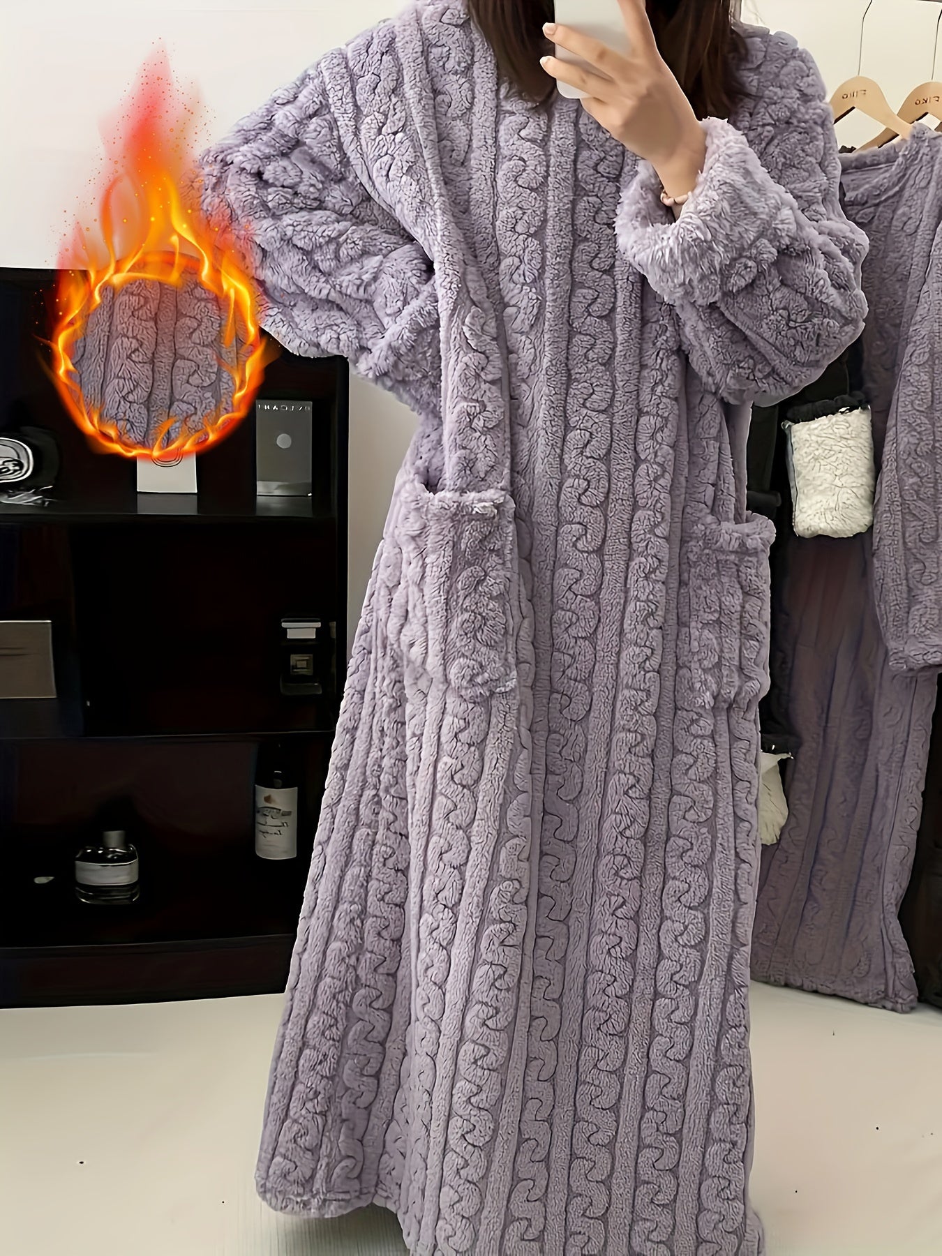 Ladies' Thick Coral Velvet Sleeper Robe - Super Soft Long with Pocket, Winter Home Sleeper, Machine Washable SPA Casual Clothing, Comfortable and Warm Home Outfit, Round Neck Warm Sleeper, Durable and Comfortable Material