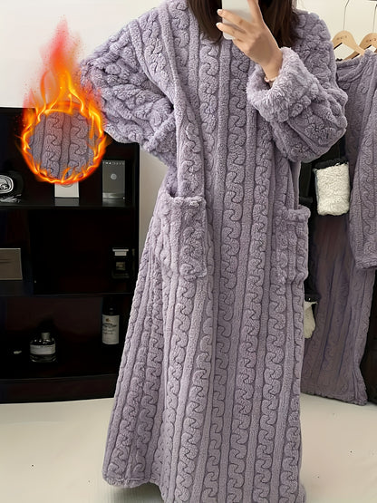 Ladies' Thick Coral Velvet Sleeper Robe - Super Soft Long with Pocket, Winter Home Sleeper, Machine Washable SPA Casual Clothing, Comfortable and Warm Home Outfit, Round Neck Warm Sleeper, Durable and Comfortable Material