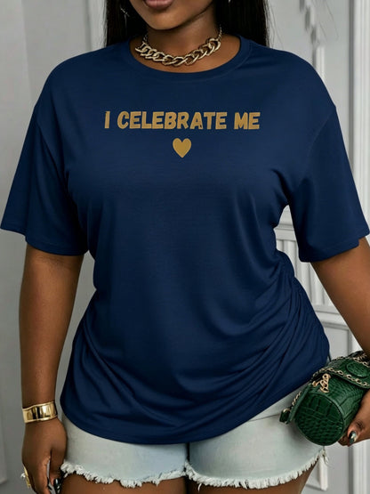 Plus Size - Fun I CELEBRATE ME, Heart Printed Women'S Plus Size T-Shirt, Cute Casual Outdoor Spring Summer Style, Holiday Party Wear, Loose Fit for Comfort, Women'S Printed Short Sleeve Plus Size T-Shirt Top