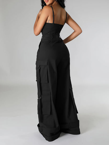 Teenager'S Jumpsuit - Teenager'S Long Wide-leg Utility Jumpsuit, High-waist With Multiple Pockets, Casual Summer Clothing, Street Fashion Camisole Backless Long Jumpsuit, for Outdoor, For Teenager