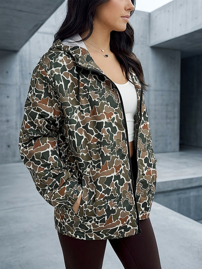 Camo Hooded Jacket Women's, Streetwear Windbreaker, Casual Fall Outerwear, Fashion Hoodie for Daily Wear