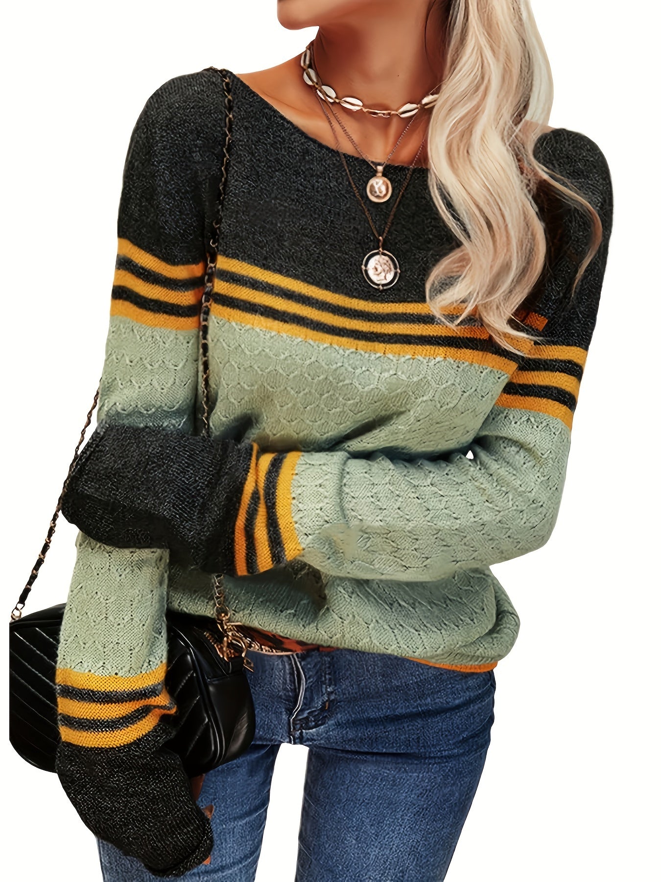 Women Autumn Winter Colorblock Pullover Sweaters Round Neck Striped Slim Fitting Knitwear Tops