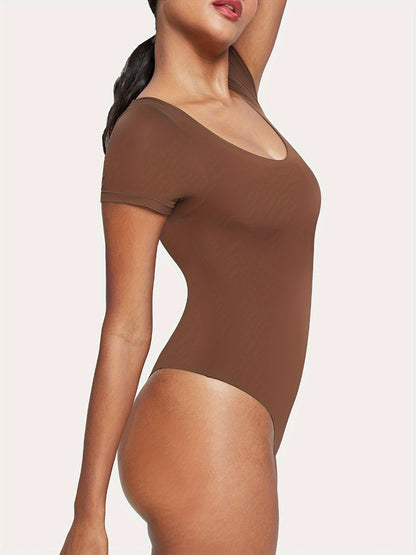 Women's Classic Scoop Neck Short Sleeve Bodysuit - Soft Nude Stretchy Breathable Fabric, Lightweight All-Season Versatile Wear for Office, Vacation & Parties, Sexy Short Sleeves Blouses, Office Outfit, Minimalist Style, Comfortable Fit, Fitted Top, Office