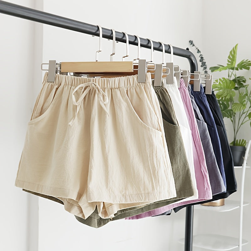 7pcs Set Summer Women's High-Waisted - Shorts-Casual, Loose-Fitting Drawstring Wide-Leg Beach Shorts with Thin Elastic Waistband and Pockets-Versatile Bottoms