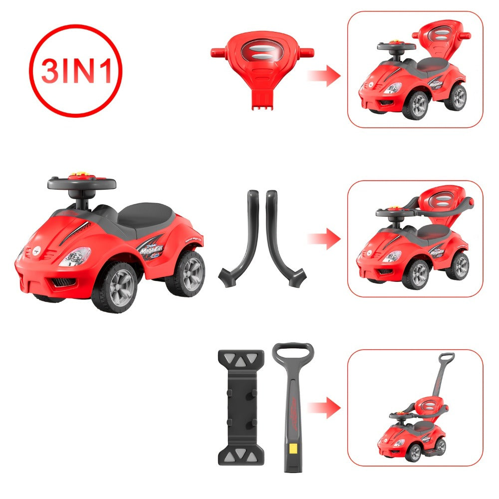 3-in-1 Kids Ride-On Push Car - Ride-on, walker and push-cart modes with music