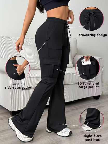 Women'S Solid Color Casual Drawstring Wide-Leg Sweatpants With Pockets, Elastic Waist Micro Flare Cargo Pants, Stretchy Pants For Daily Casual & Wear