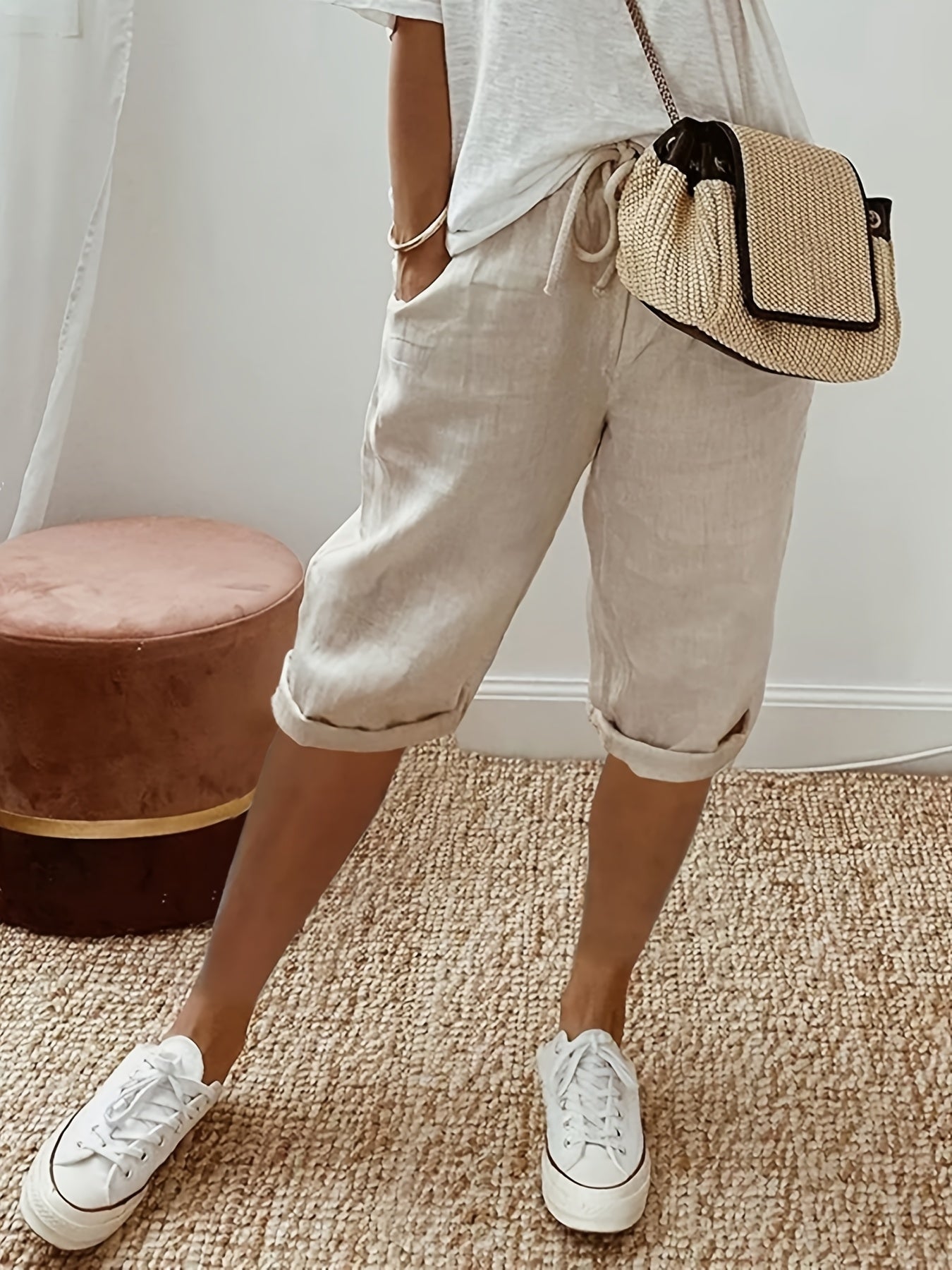 Three-Piece Contract for Summer Laziness! Boyfriend Wind Capri Pants Set, Refreshing And, Drawstring Waist + Curled Trousers + Pockets, from Home to Beach, a Set Unlocks a Casual Holiday Feeling.