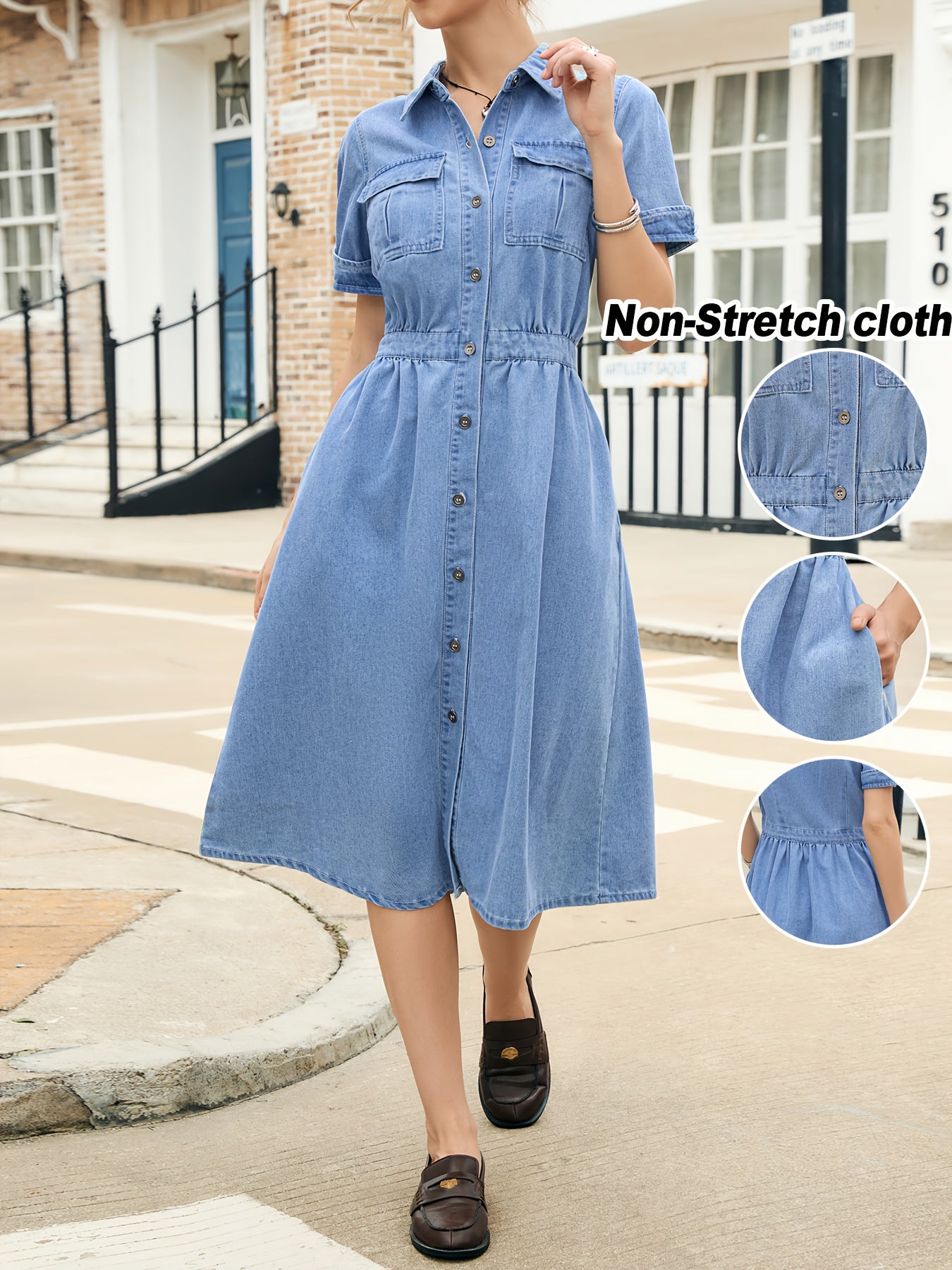 [Elegant Denim Dress] Elegant Denim Dress - Stylish Solid Color, Non-Stretch Fabric, Regular Fit with Pockets, Short Sleeve, Long Length, Spring/Summer/Fall Fashion
