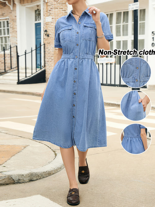 [Elegant Denim Dress] Elegant Denim Dress - Stylish Solid Color, Non-Stretch Fabric, Regular Fit with Pockets, Short Sleeve, Long Length, Spring/Summer/Fall Fashion