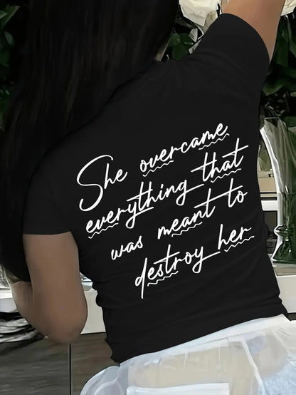 [Front and Back Double Image] Women's Inspirational Printed Short T-Shirt- Back Printed with "She Defeats All" Illustration Casual Short Sleeve Summer Top Mid-Stretch Round Neck Shirt Machine Washable Inspirational Text Design Comfortable Fit