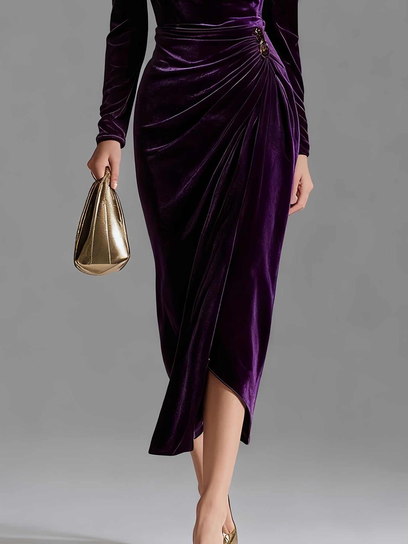 Women's 【Brown】 Polyester Ruffle V-Neck Dress - product view 20