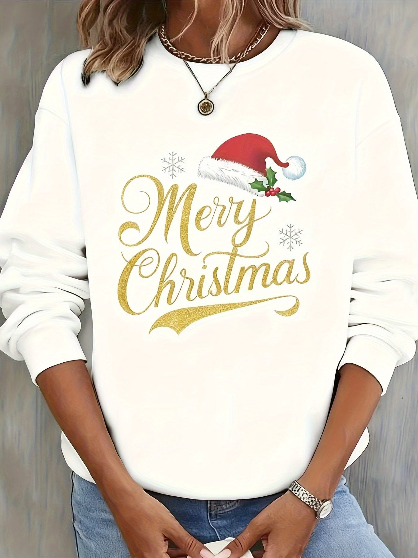 Christmas Themed Print Women'S Casual Crew Neck Sweater, Long Sleeve Pullover for Autumn/ Winter, Grey Sweatshir