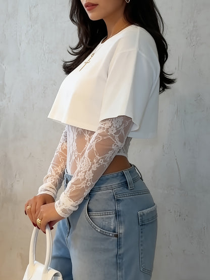 Long-sleeve Irregular T-shirt Top, Lace Jumpsuit for Women, Round Neck, Summer Fashion, Women's Streetwear, Y2K Lace Patchwork, Perfect for Music Festivals, Brunches, Date Nights, and Nightclubs
