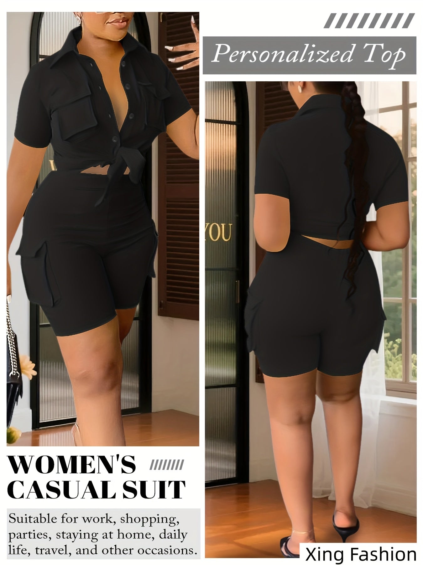 Women 2pcs Outfits Summer Casual Short Sleeve Button Top Biker Shorts with Pockets Solid Color Streetwear Set