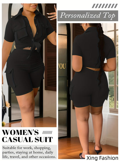 Women 2pcs Outfits Summer Casual Short Sleeve Button Top Biker Shorts with Pockets Solid Color Streetwear Set