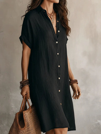 Shirt Dress, Fashionable and Casual, Solid Color, Short Sleeve, Buttoned, Mid-length Dress