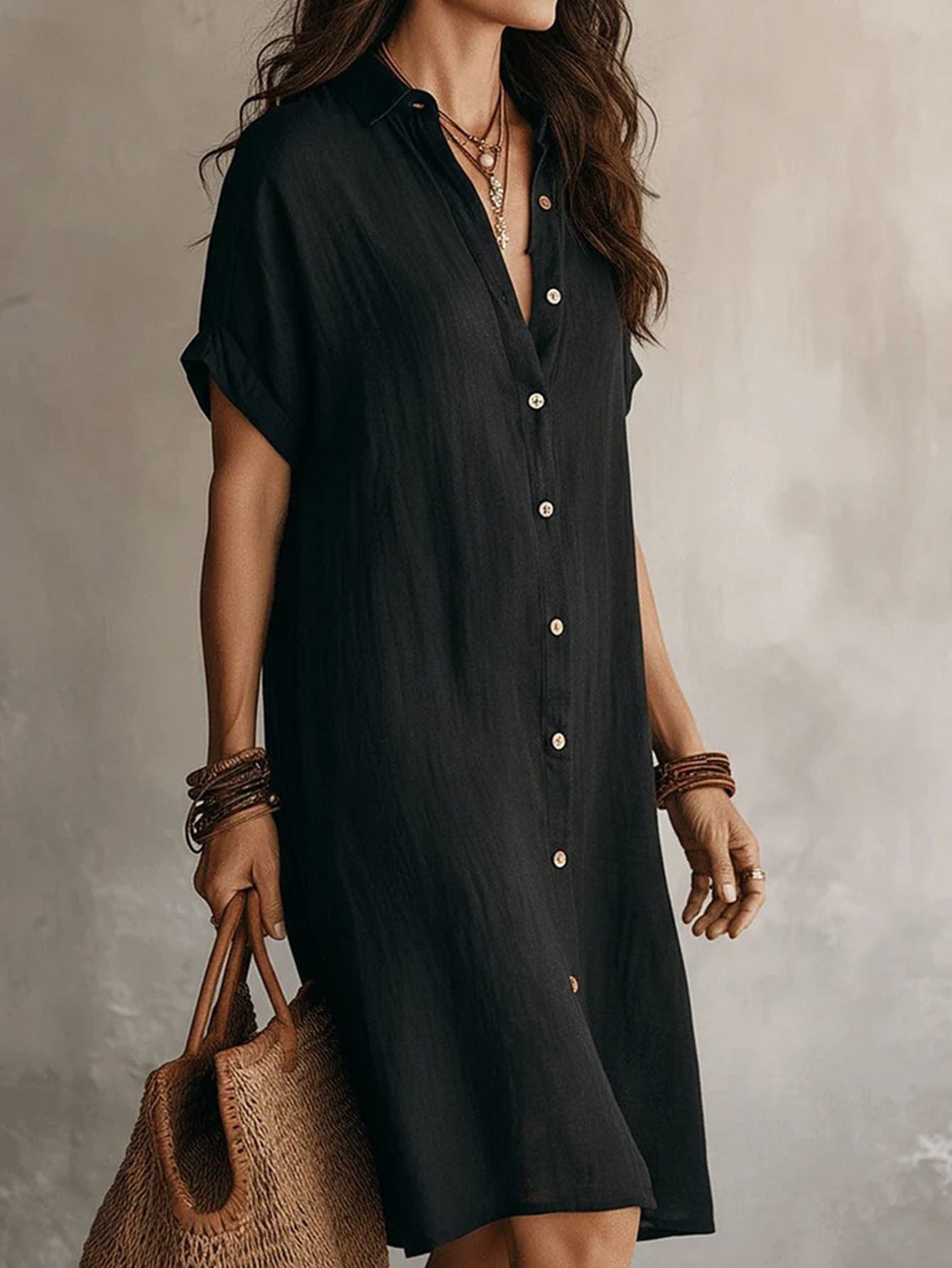 Shirt Dress, Fashionable and Casual, Solid Color, Short Sleeve, Buttoned, Mid-length Dress