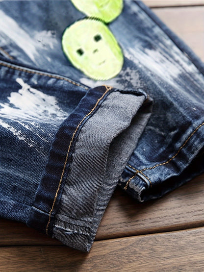 Punk Trend Blue Cat Whisker Slimming Fashion Flag Badge Paint Embroidery Small Straight Men'S Jeans