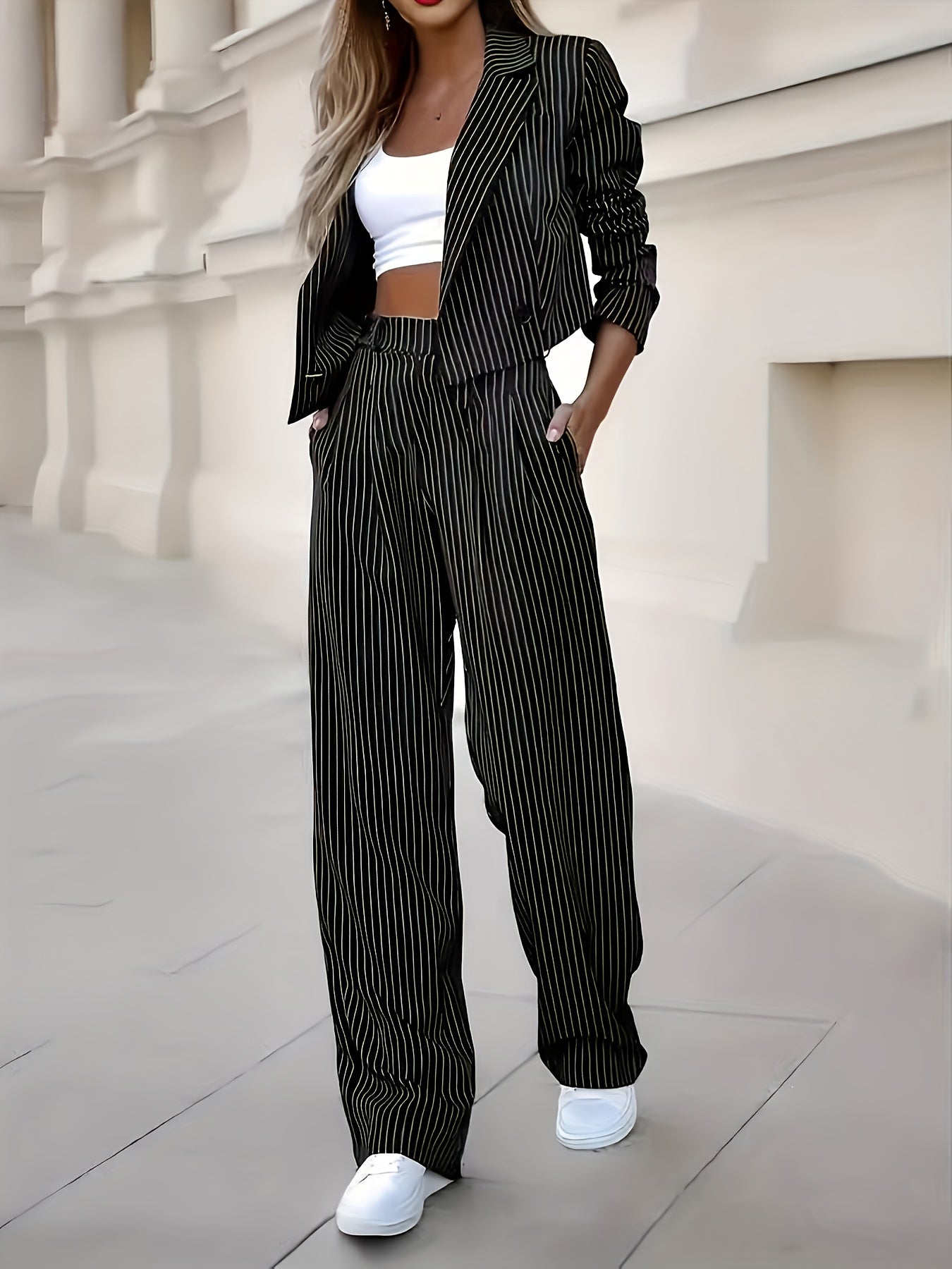 2pcs Women's Casual Striped Short Collar Top And Pants Set