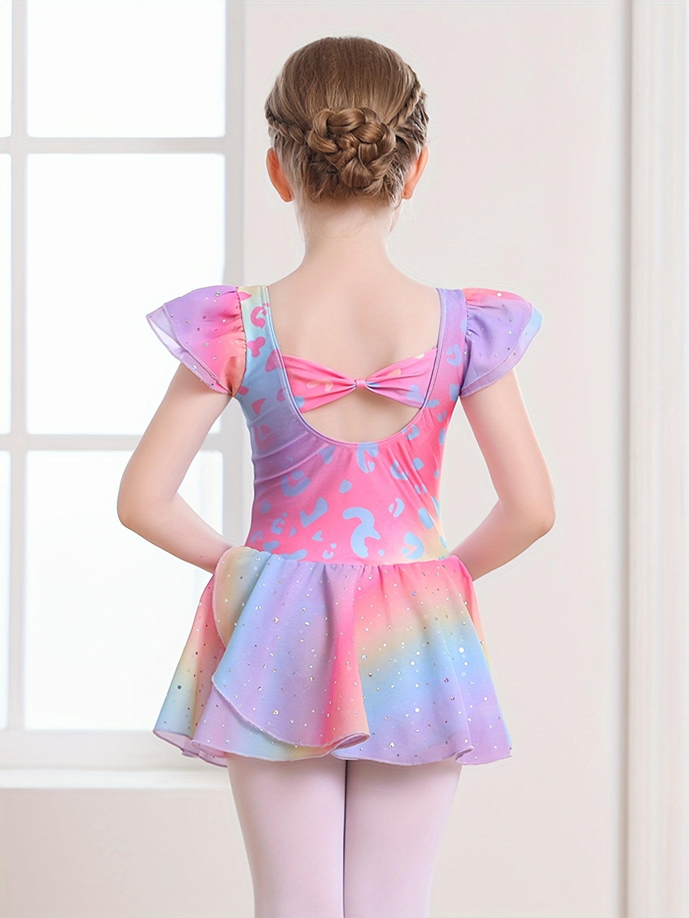 Christmas Girl's Dress; Dress; Dance Dress; One-piece Training Suit; Summer Rainbow Gradient Dress; Mesh Dress; Sweet Petal Sleeves; One-piece Dress; Children's Ballet Leotard; Back Bow.