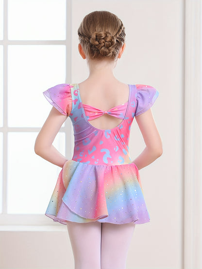 Christmas Girl's Dress; Dress; Dance Dress; One-piece Training Suit; Summer Rainbow Gradient Dress; Mesh Dress; Sweet Petal Sleeves; One-piece Dress; Children's Ballet Leotard; Back Bow.