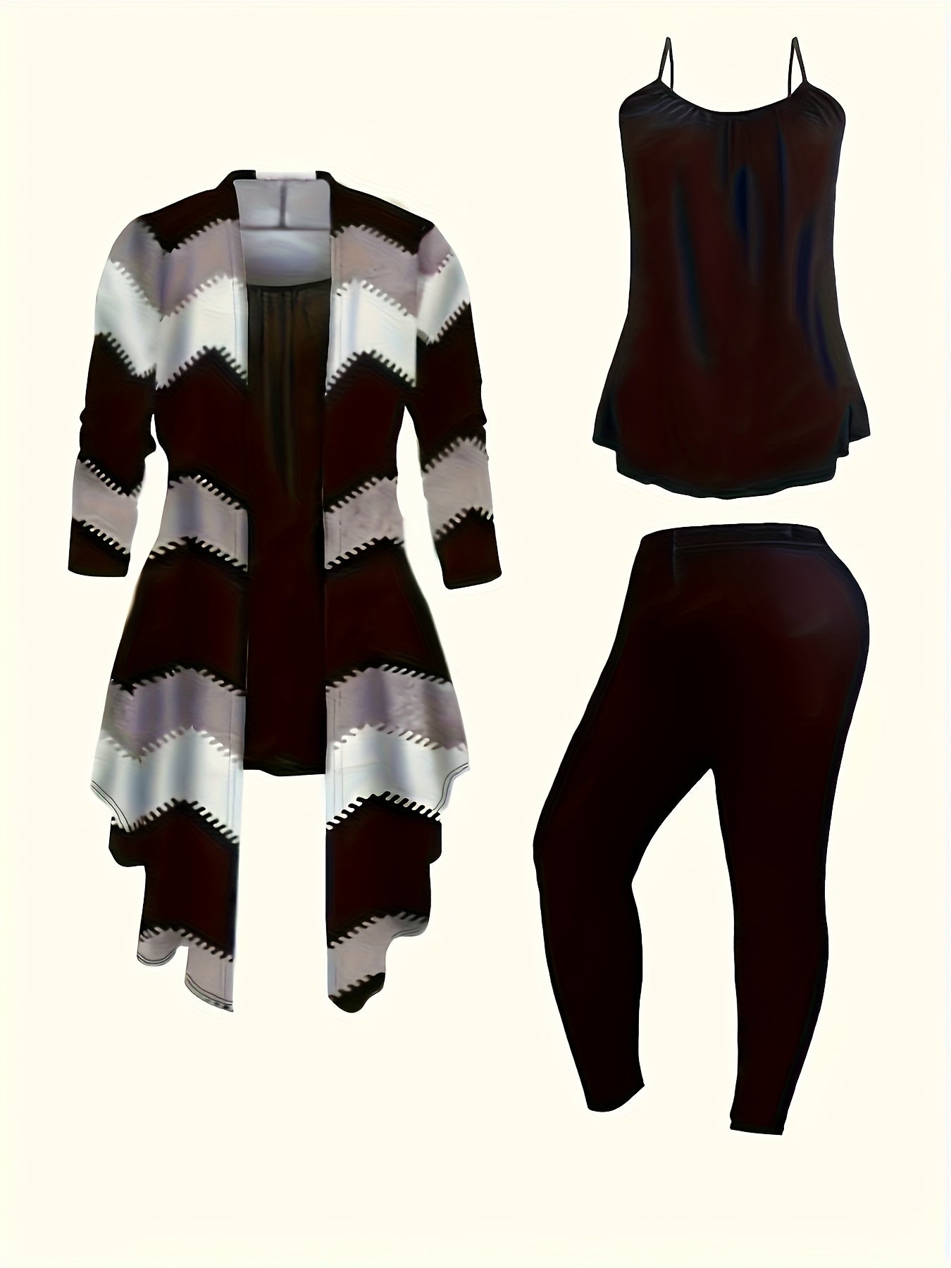 [Printed Cardigan Set] Women's 3pcs Set, Printed Cardigan Jacket Paired with Solid Color Casual Pants Vest Daily Set