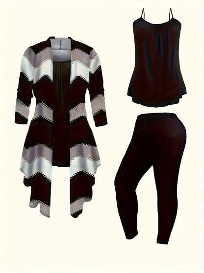 [Printed Cardigan Set] Women's 3pcs Set, Printed Cardigan Jacket Paired with Solid Color Casual Pants Vest Daily Set