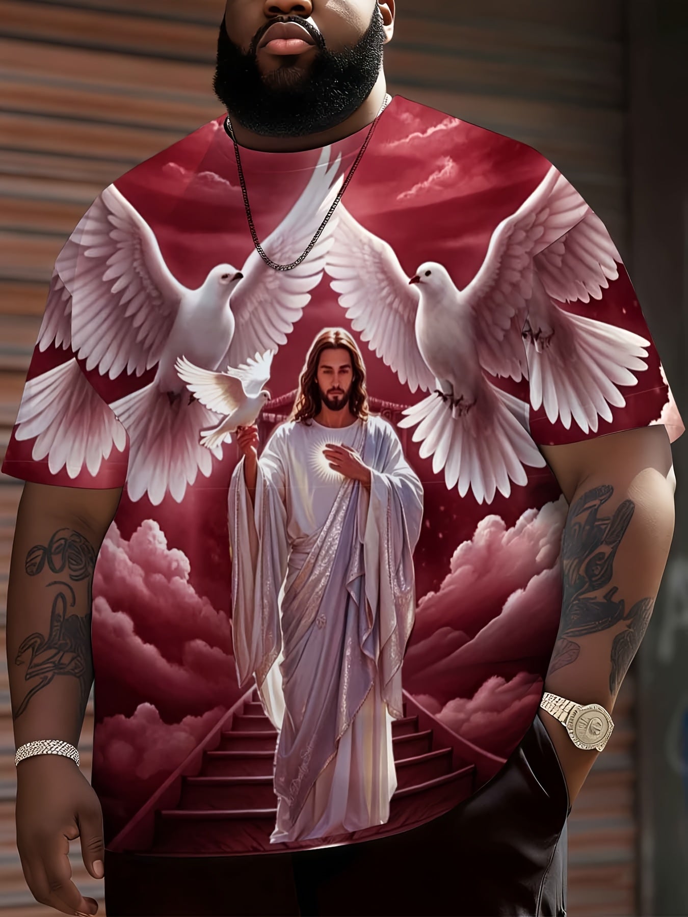 Jesus Christ With Doves And Heavenly Stairs Religious Christian T-Shirt For Men Full Print Design Faith Inspired Apparel, Plus Size